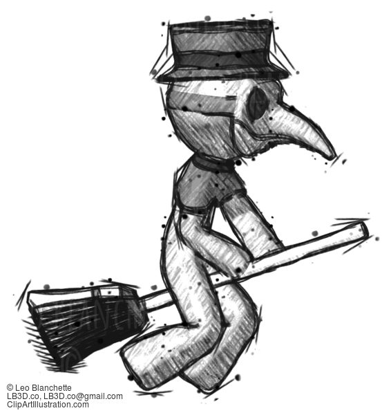 Sketch Plague Doctor Man Flying On Broom #15598