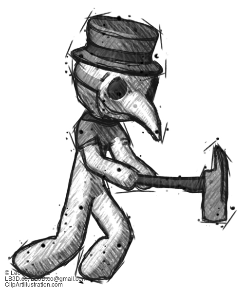 Sketch Plague Doctor Man With Ax Hitting, Striking, Or Chopping #15602