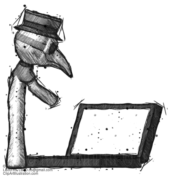 Sketch Plague Doctor Man Using Large Laptop Computer Side Orthographic View #15621