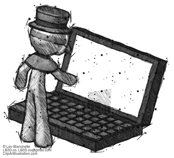 Sketch Plague Doctor Man Using Large Laptop Computer #15624