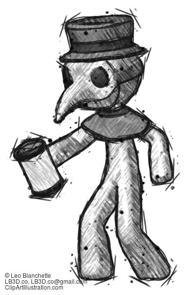 Sketch Plague Doctor Man Begger Holding Can Begging Or Asking For Charity Facing Left #15643