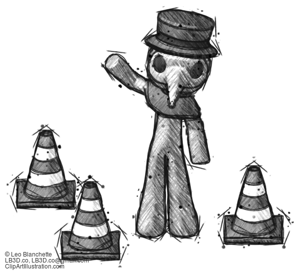 Sketch Plague Doctor Man Standing By Traffic Cones Waving #15672