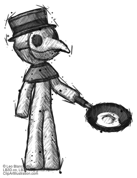 Sketch Plague Doctor Man Frying Egg In Pan Or Wok Facing Right #15692