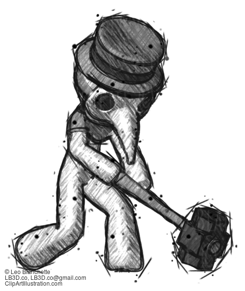 Sketch Plague Doctor Man Hitting With Sledgehammer, Or Smashing Something At Angle #15694