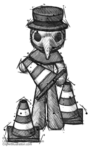 Sketch Plague Doctor Man Holding A Traffic Cone #15710