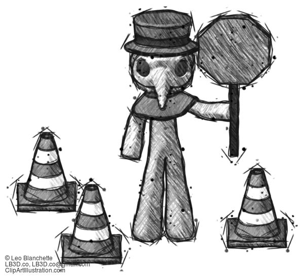 Sketch Plague Doctor Man Holding Stop Sign By Traffic Cones Under Construction Concept #15732