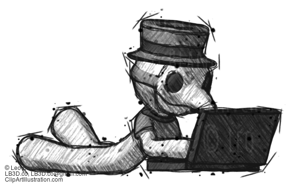 Sketch Plague Doctor Man Using Laptop Computer While Lying On Floor Side Angled View #15756