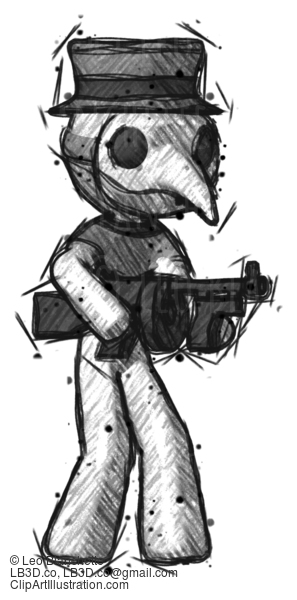 Sketch Plague Doctor Man Tommy Gun Gangster Shooting Pose #15758