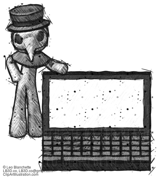 Sketch Plague Doctor Man Beside Large Laptop Computer, Leaning Against It #15782