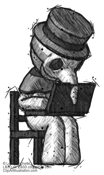 Sketch Plague Doctor Man Using Laptop Computer While Sitting In Chair Angled Right #15789