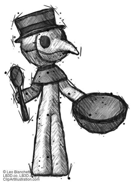 Sketch Plague Doctor Man With Empty Bowl And Spoon Ready To Make Something #15811