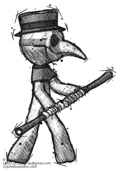 Sketch Plague Doctor Man Holding Bo Staff In Sideways Defense Pose #15817