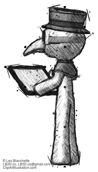 Sketch Plague Doctor Man Looking At Tablet Device Computer With Back To Viewer #15839