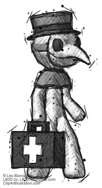 Sketch Plague Doctor Man Walking With Medical Aid Briefcase To Right #15841