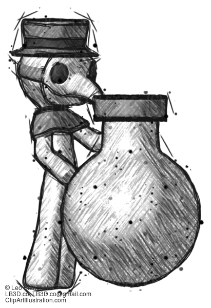 Sketch Plague Doctor Man Standing Beside Large Round Flask Or Beaker #15857