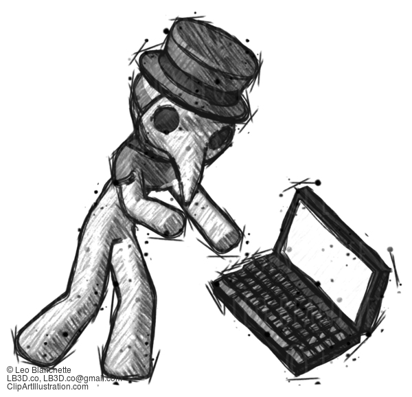 Sketch Plague Doctor Man Throwing Laptop Computer In Frustration #15860