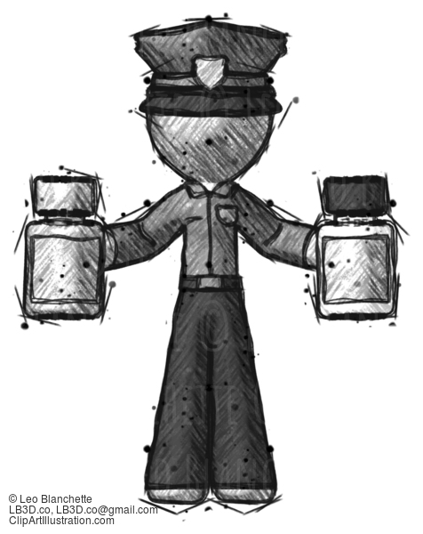 Sketch Police Man Holding Two Medicine Bottles #7078