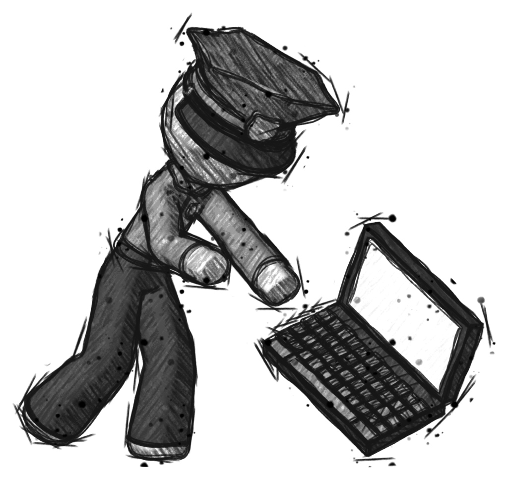 Sketch Police Man throwing laptop computer in frustration
