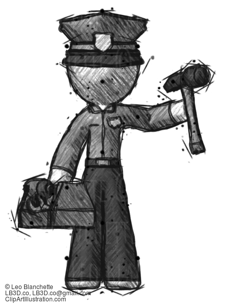 Sketch Police Man Holding Tools And Toolchest Ready To Work #7088