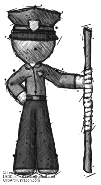 Sketch Police Man Holding Staff Or Bo Staff #7094