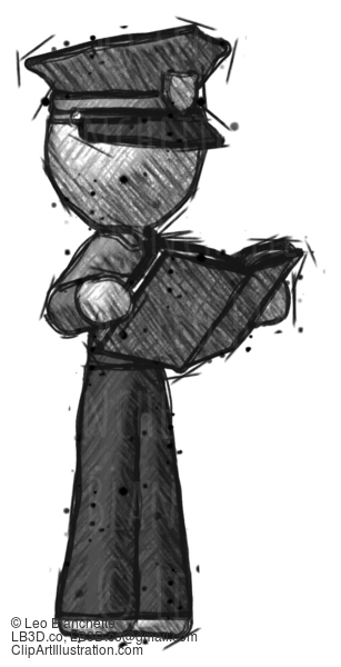 Sketch Police Man Reading Book While Standing Up Facing Away #7099