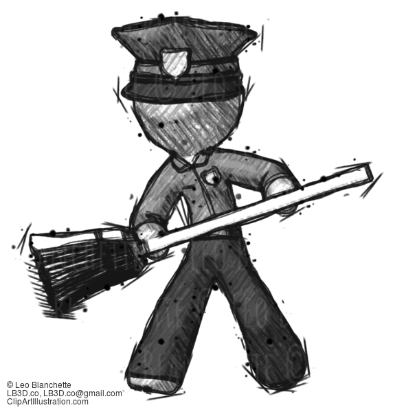 Sketch Police Man Broom Fighter Defense Pose #7106