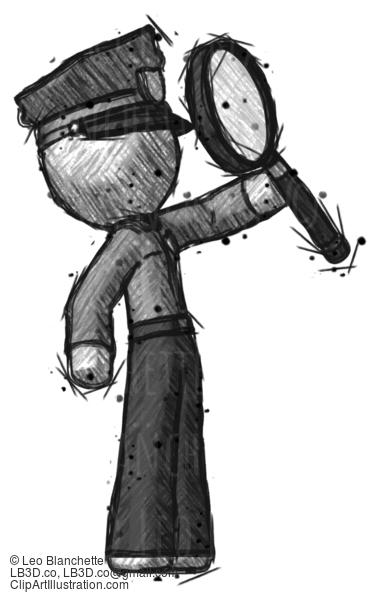 Sketch Police Man Inspecting With Large Magnifying Glass Facing Up #7116