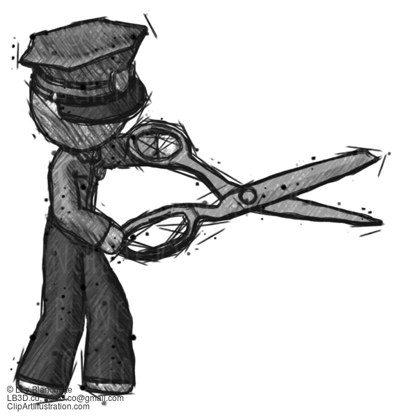 Sketch Police Man Holding Giant Scissors Cutting Out Something #7120