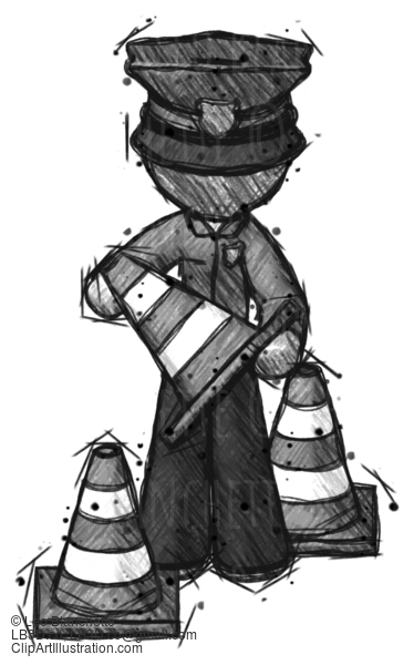 Sketch Police Man Holding A Traffic Cone #7126