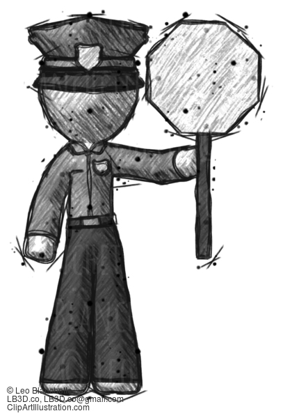 Sketch Police Man Holding Stop Sign #7136