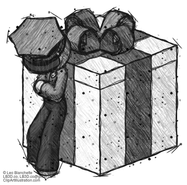Sketch Police Man Leaning On Gift With Bow Angle View #7151