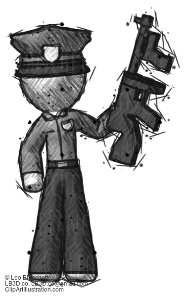 Sketch Police Man Holding Tommygun #7158