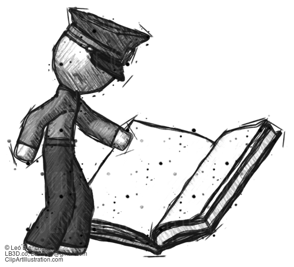 Sketch Police Man Reading Big Book While Standing Beside It #7159