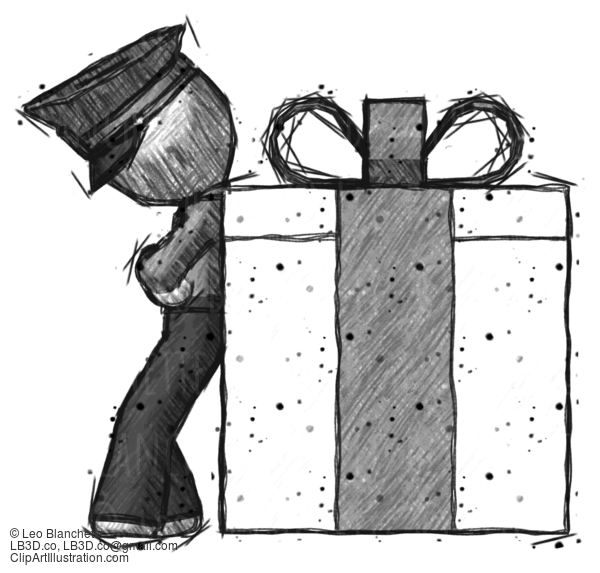 Sketch Police Man Gift Concept - Leaning Against Large Present #7162