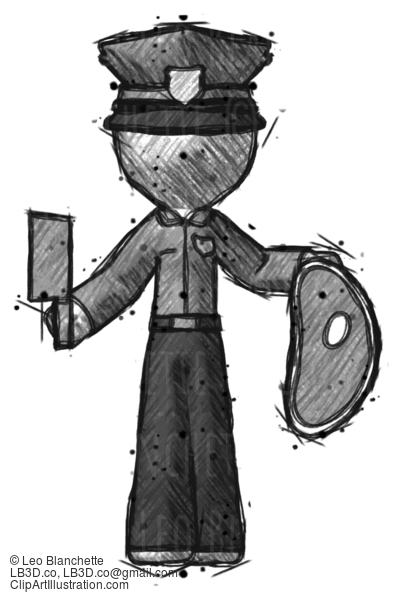 Sketch Police Man Holding Large Steak With Butcher Knife #7176