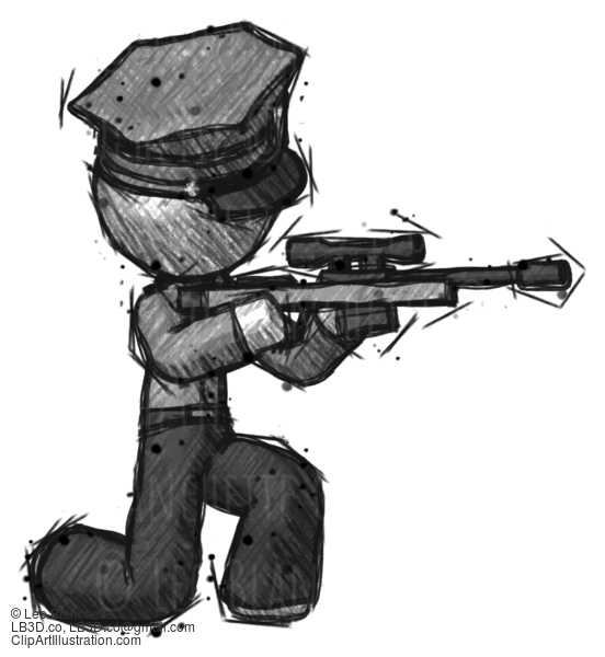 Sketch Police Man Kneeling Shooting Sniper Rifle #7177