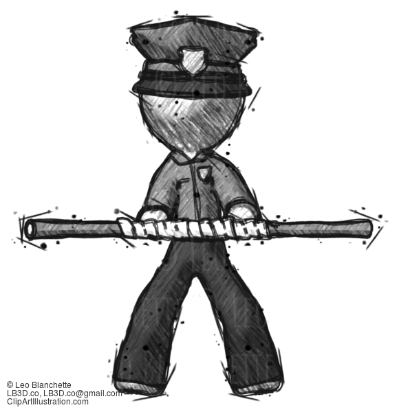 Sketch Police Man Bo Staff Kung Fu Defense Pose #7197