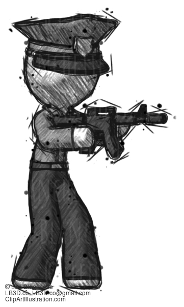 Sketch Police Man Shooting Automatic Assault Weapon #7209