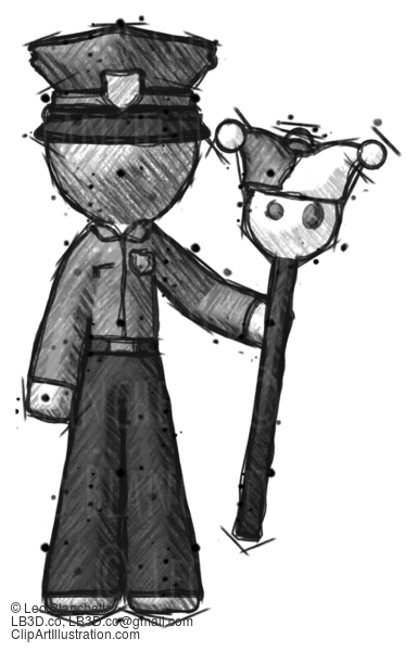 Sketch Police Man Holding Jester Staff #7216