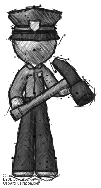 Sketch Police Man Holding Hammer Ready To Work #7220