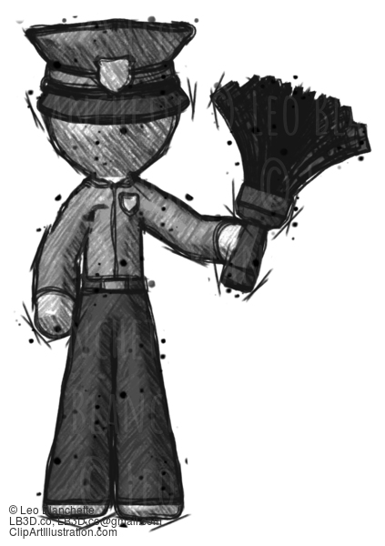 Sketch Police Man Holding Feather Duster Facing Forward #7226