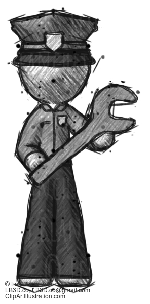 Sketch Police Man Holding Large Wrench With Both Hands #7242