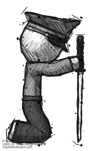 Sketch Police Man Kneeling With Ninja Sword Katana Showing Respect #7252