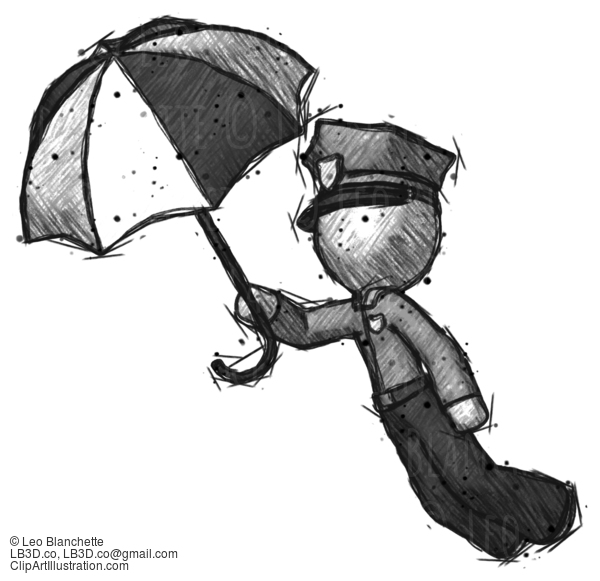 Sketch Police Man Flying With Umbrella #7260