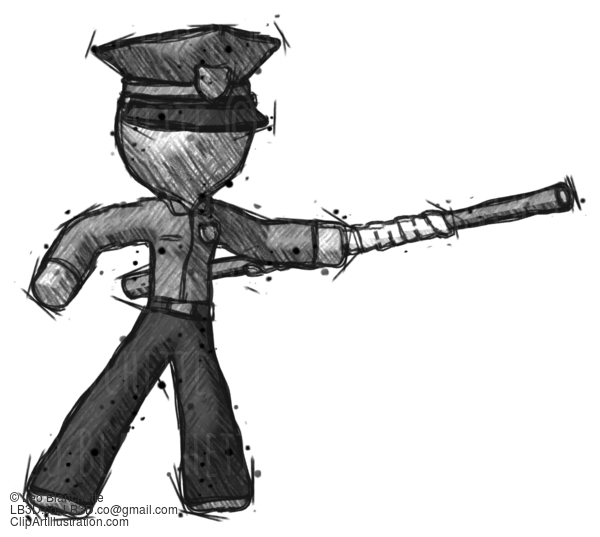 Sketch Police Man Bo Staff Pointing Right Kung Fu Pose #7273