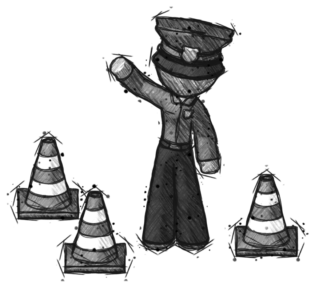 Sketch Police Man Standing By Traffic Cones Waving