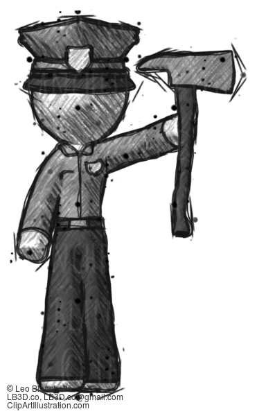 Sketch Police Man Holding Up Firefighter’S Ax #7308