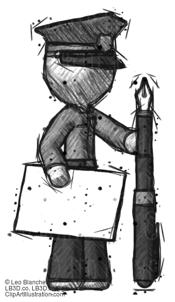 Sketch Police Man Holding Large Envelope And Calligraphy Pen #7318