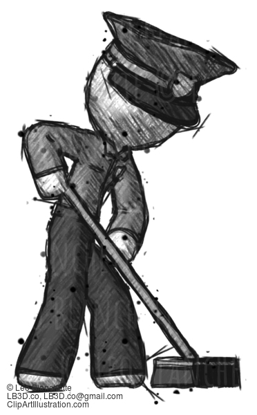 Sketch Police Man Cleaning Services Janitor Sweeping Side View #7327