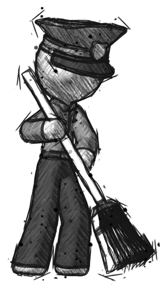 Sketch Police Man sweeping area with broom